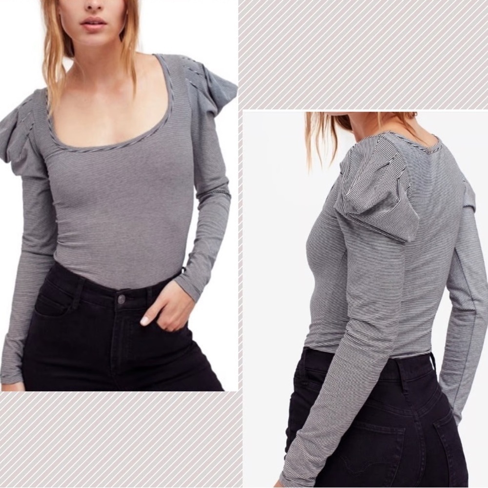 FREE PEOPLE Puff‎ Sleeve Penelope Long Sleeve Black Striped Top Size Small